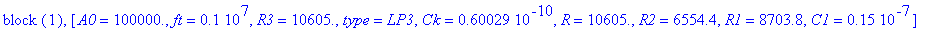 `block `(1), [A0 = .1e6, ft = .1e7, R3 = 10605., type = LP3, Ck = .60029e-10, R = 10605., R2 = 6554.4, R1 = 8703.8, C1 = .15e-7]