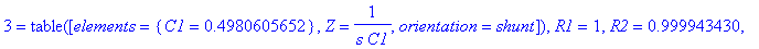 elems_nlp := TABLE([1 = TABLE([elements = {C1 = .4980605765}, Z = 1/(s*C1), orientation = shunt]), 2 = TABLE([elements = {L1 = .9961201436, C1 = .3841434827}, Z = 1/(1/(s*L1)+s*C1), orientation = direc...