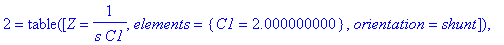 TABLE([1 = TABLE([Z = s*L1, elements = {L1 = 1.000000000}, orientation = direct]), 2 = TABLE([Z = 1/(s*C1), elements = {C1 = 2.000000000}, orientation = shunt]), 3 = TABLE([Z = s*L1, elements = {L1 = 1...