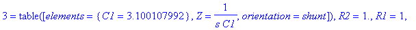 elems_nlp := TABLE([1 = TABLE([elements = {C1 = 3.100128131}, Z = 1/(s*C1), orientation = shunt]), 2 = TABLE([elements = {L1 = .6224927342, C1 = .3117367093}, Z = 1/(1/(s*L1)+s*C1), orientation = direc...