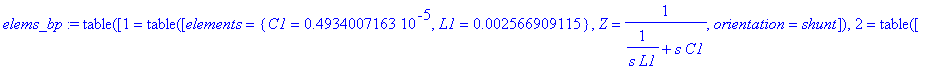 elems_bp := TABLE([1 = TABLE([elements = {C1 = .4934007163e-5, L1 = .2566909115e-2}, Z = 1/(1/(s*L1)+s*C1), orientation = shunt]), 2 = TABLE([elements = {C1 = .4961443820e-6, L1 = .2552714171e-1, C2 = ...