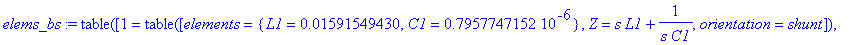 elems_bs := TABLE([1 = TABLE([elements = {L1 = .1591549430e-1, C1 = .7957747152e-6}, Z = s*L1+1/(s*C1), orientation = shunt]), 2 = TABLE([elements = {L1 = .1591549430e-1, C1 = .7957747152e-6}, Z = 1/(s...