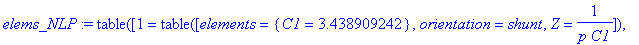 elems_NLP := TABLE([1 = TABLE([elements = {C1 = 3.438909242}, orientation = shunt, Z = 1/(p*C1)]), 2 = TABLE([elements = {L1 = .7483421957}, orientation = direct, Z = p*L1]), 3 = TABLE([elements = {C1 ...