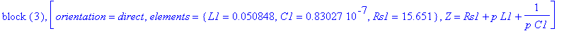 `block `(3), [orientation = direct, elements = {L1 = .50848e-1, C1 = .83027e-7, Rs1 = 15.651}, Z = Rs1+p*L1+1/(p*C1)]