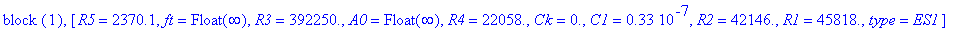 `block `(1), [R5 = 2370.1, ft = Float(infinity), R3 = .39225e6, A0 = Float(infinity), R4 = 22058., Ck = 0., C1 = .33e-7, R2 = 42146., R1 = 45818., type = ES1]