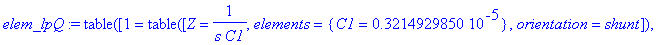 elem_lpQ := TABLE([1 = TABLE([Z = 1/(s*C1), elements = {C1 = .3214929850e-5}, orientation = shunt]), 2 = TABLE([Z = Rs1+s*L1, elements = {L1 = .1582000134e-1, Rs1 = .9939999999}, orientation = direct])...