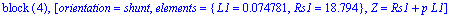 `block `(4), [orientation = shunt, elements = {L1 = .74781e-1, Rs1 = 18.794}, Z = Rs1+p*L1]