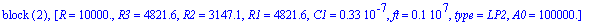 `block `(2), [R = .1e5, R3 = 4821.6, R2 = 3147.1, R1 = 4821.6, C1 = .33e-7, ft = .1e7, type = LP2, A0 = .1e6]