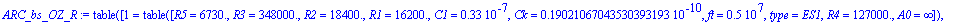 ARC_bs_OZ_R := TABLE([1 = TABLE([R5 = .673e4, R3 = .348e6, R2 = .184e5, R1 = .162e5, C1 = .33e-7, Ck = .19021067043530393193e-10, ft = .5e7, type = ES1, R4 = .127e6, A0 = infinity]), 2 = TABLE([R5 = .1...